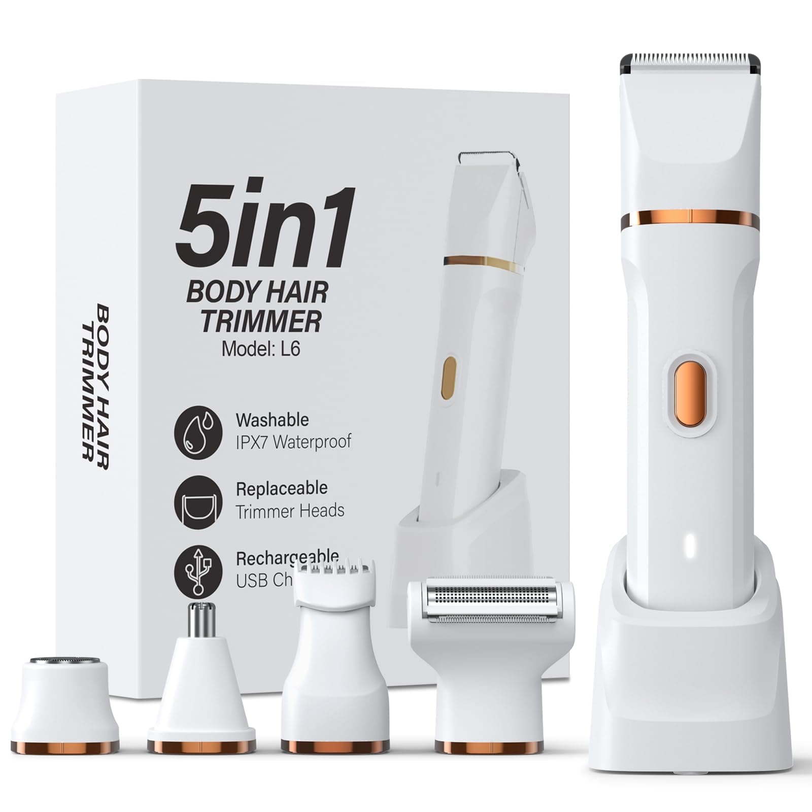 Electric shaver kit with multiple ceramic heads on a vanity