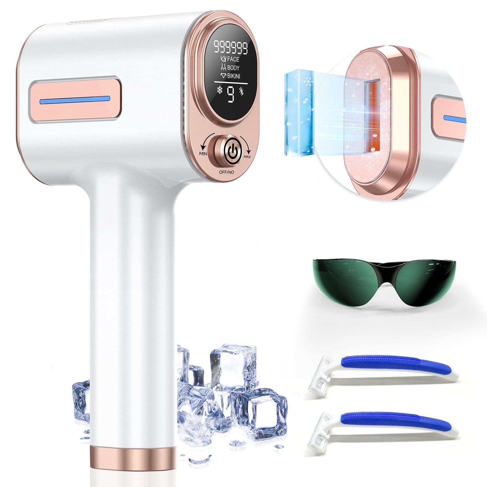 Cooling IPL hair removal handset resting on a bathroom counter